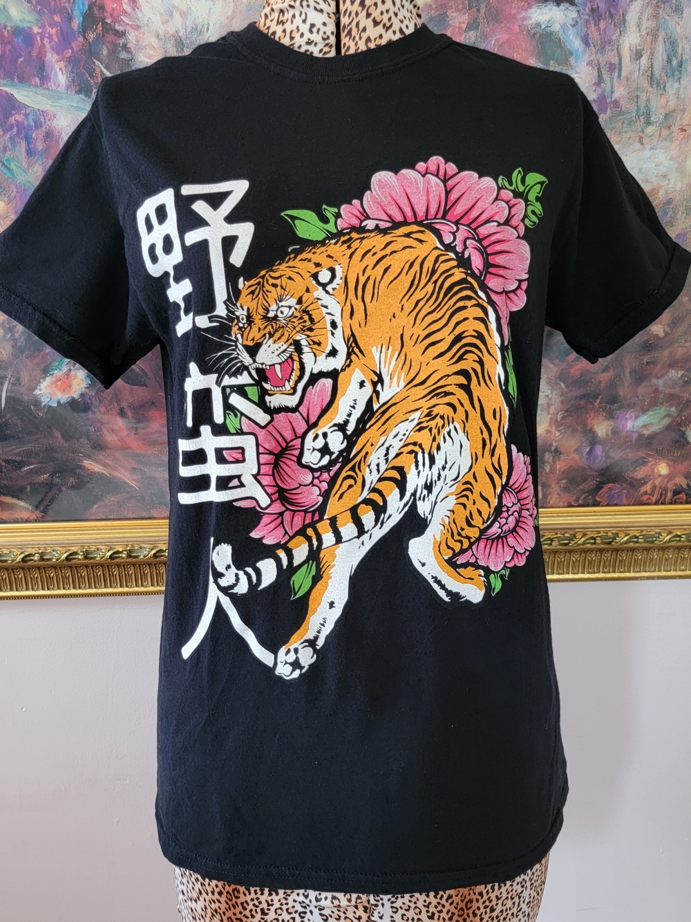 Black Tee with Vibrant Tiger and Pink Floral Graphic